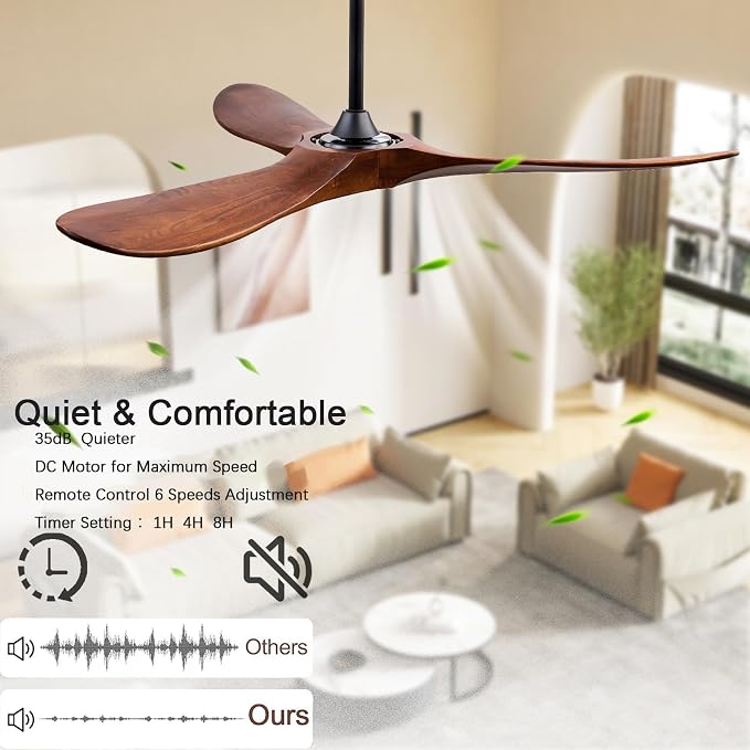 60" Wood Ceiling Fans with Lights and Remote Control,Indoor Outdoor 3 Blades Wooden Ceiling Fan for Garage,Patio,Living