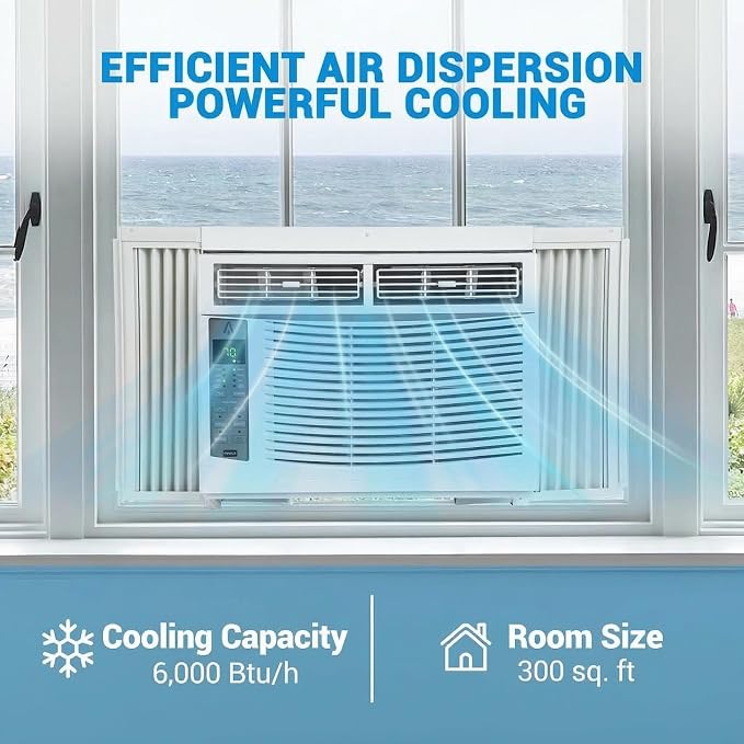 6000 BTU Smart Window Air Conditioner with WiFi, Energy Efficient Cooling AC Unit, Cools up to 300 Sq. Ft, Built-in