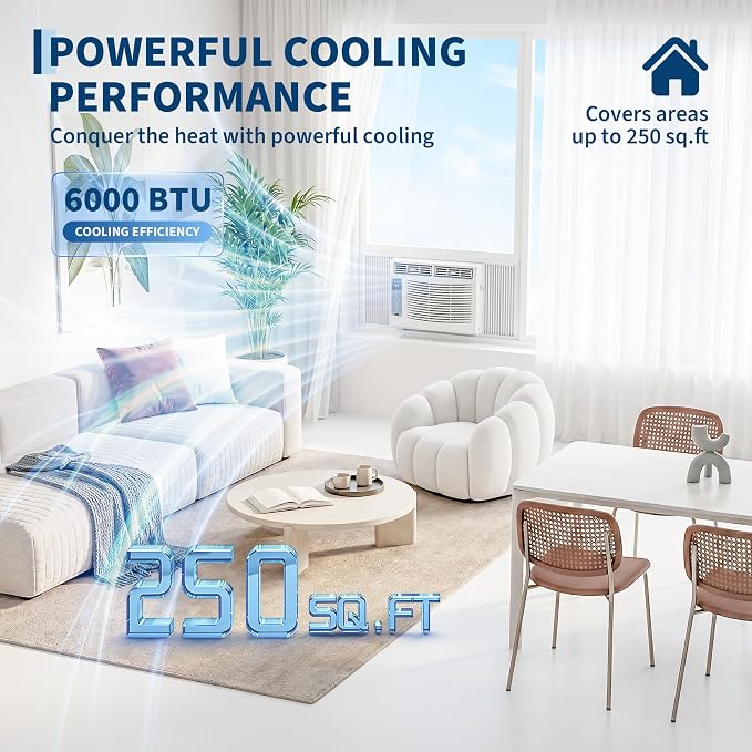 6000 BTU Window Air Conditioner, Cools Up to 250 Sq.ft., Energy Star Certified, 24H Timer, Sleep Mode, Water Self
