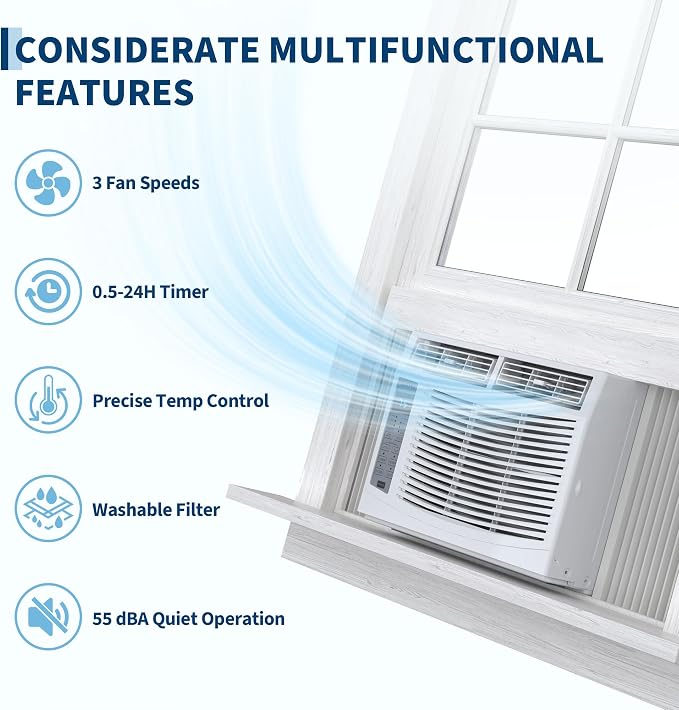6000 BTU Window Air Conditioner, Cools Up to 250 Sq.ft., Energy Star Certified, 24H Timer, Sleep Mode, Water Self
