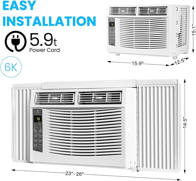 6000 BTU Window Air Conditioner, Quiet 50 DB Compact AC Unit for Rooms Up to 250 Sq. ft, Multiple Cooling & Fan Modes