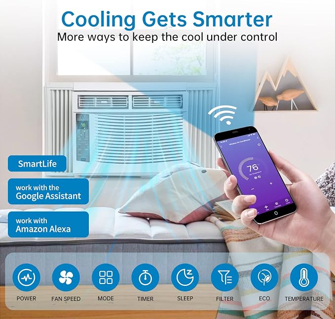 6000-BTU Window Air Conditioner, Wi-Fi Enabled, Up to 250 Sqf, Window AC Units with Cool and Fan Functions, Washable Filter