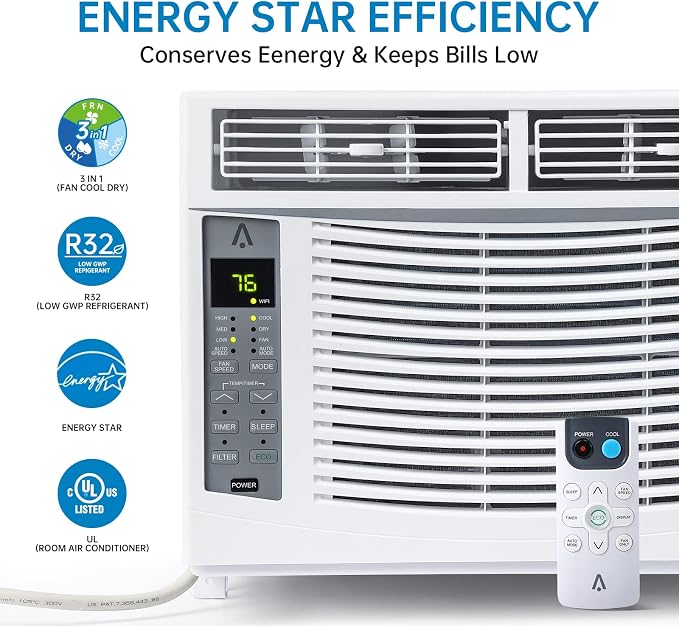 6000-BTU Window Air Conditioner, Wi-Fi Enabled, Up to 250 Sqf, Window AC Units with Cool and Fan Functions, Washable Filter