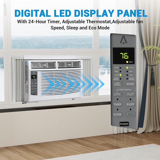 6000 BTU Window Air Conditioner, WiFi-Enabled Smart Control, Quiet 50 DB AC Unit for Rooms Up to 250 Sq. ft, Multiple Cooling
