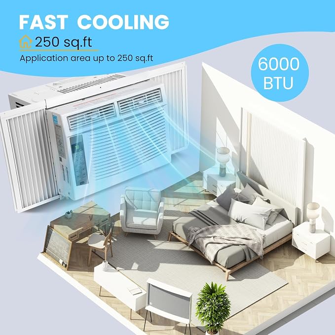 6000 BTU Window Air Conditioner (Window AC Unit), Compact Window AC with Remote Control & 3 Cooling Speeds, Quiet Air