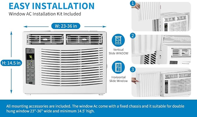 6000 BTU Window Air Conditioner, Window AC Unit with Remote & App Control, Smart Window AC, 115V/60Hz, Cools 250 Sq.Ft., WIFI