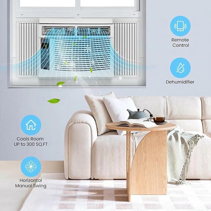 6000 BTU Window Air Conditioner with Remote Control, Energy Efficient AC Unit, Cools up to 300 Sq. Ft, Built-in Dehumidifier