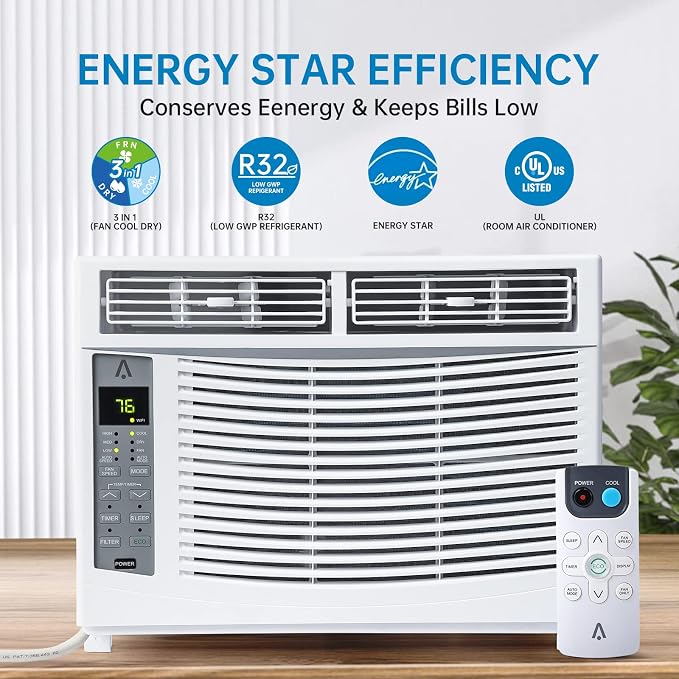 6000 BTU Window Air Conditioner with WiFi, Quiet Energy Efficient AC Unit with Remote Control, 7-Speed Cooling, Reusable