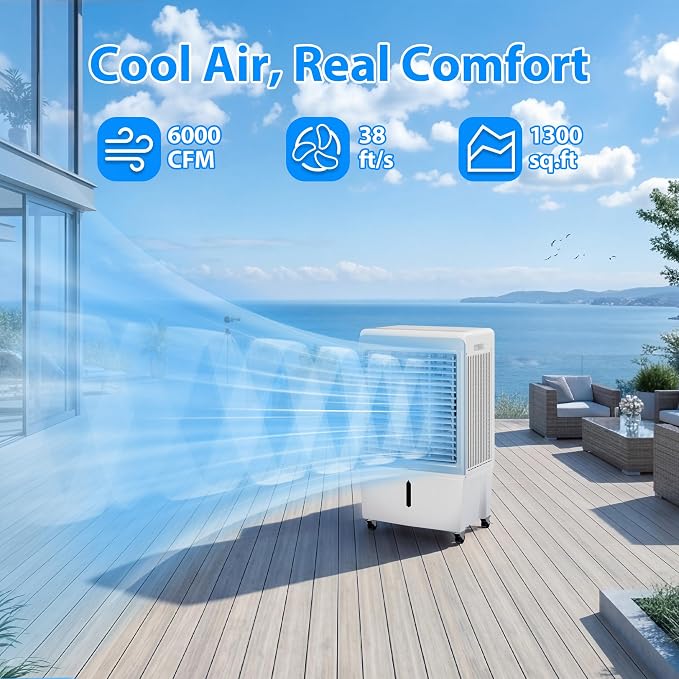 6000CFM Swamp Cooler with 13.5Gal Water Tank 3-in-1 Evaporative Air Cooler with Remote Control, Water Level Alarm,12H Timer,3