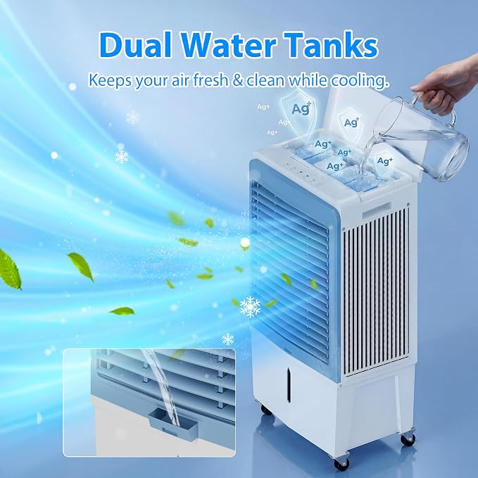 6000CFM Swamp Cooler with 13.5Gal Water Tank 3-in-1 Evaporative Air Cooler with Remote Control, Water Level Alarm,12H Timer,3