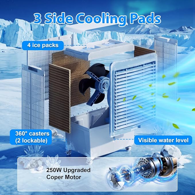 6000CFM Swamp Cooler with 13.5Gal Water Tank 3-in-1 Evaporative Air Cooler with Remote Control, Water Level Alarm,12H Timer,3
