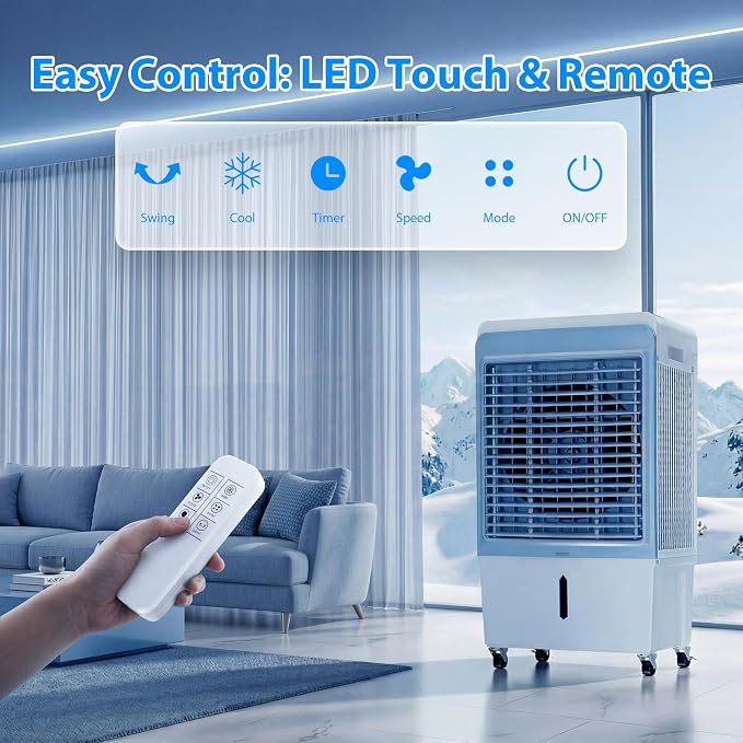 6000CFM Swamp Cooler with 13.5Gal Water Tank 3-in-1 Evaporative Air Cooler with Remote Control, Water Level Alarm,12H Timer,3