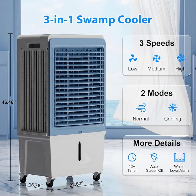 6000CFM Swamp Cooler with 13.5Gal Water Tank 3-in-1 Evaporative Air Cooler with Remote Control, Water Level Alarm,12H Timer,3