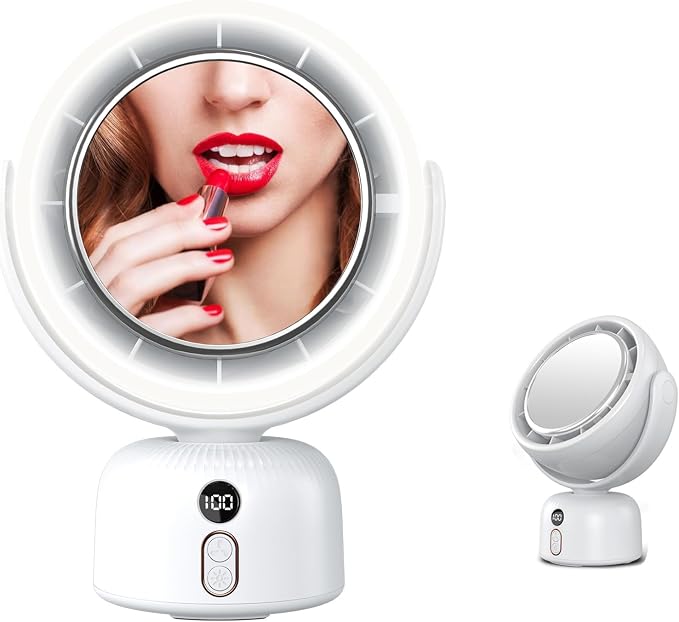 6000mah Rechargeable table Fan, Portable Fan with LED Makeup Mirror 5-Speed Quiet Cooling Fan|3 Level Dimming led vanity
