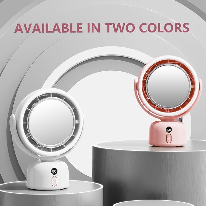 6000mah Rechargeable table Fan, Portable Fan with LED Makeup Mirror 5-Speed Quiet Cooling Fan|3 Level Dimming led vanity