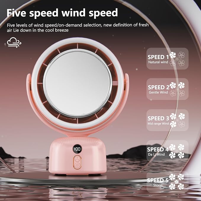 6000mah Rechargeable table Fan, Portable Fan with LED Makeup Mirror 5-Speed Quiet Cooling Fan|3 Level Dimming led vanity