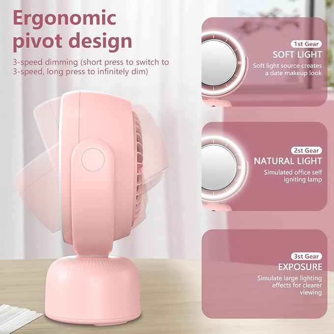 6000mah Rechargeable table Fan, Portable Fan with LED Makeup Mirror 5-Speed Quiet Cooling Fan|3 Level Dimming led vanity