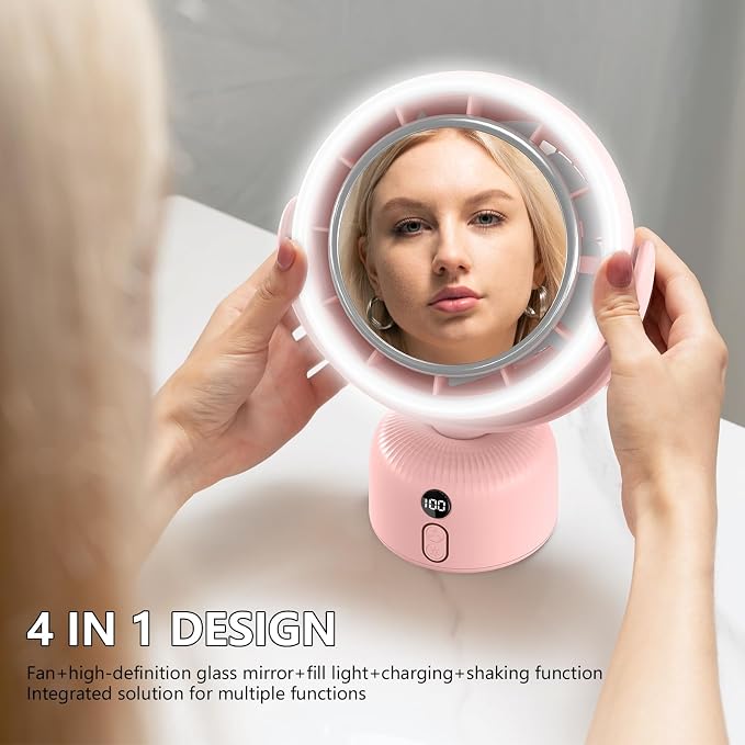 6000mah Rechargeable table Fan, Portable Fan with LED Makeup Mirror 5-Speed Quiet Cooling Fan|3 Level Dimming led vanity