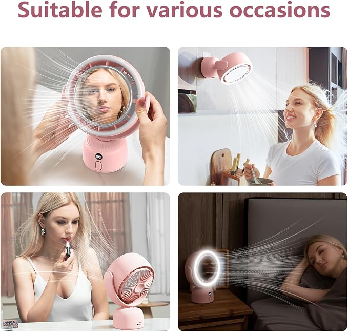 6000mah Rechargeable table Fan, Portable Fan with LED Makeup Mirror 5-Speed Quiet Cooling Fan|3 Level Dimming led vanity