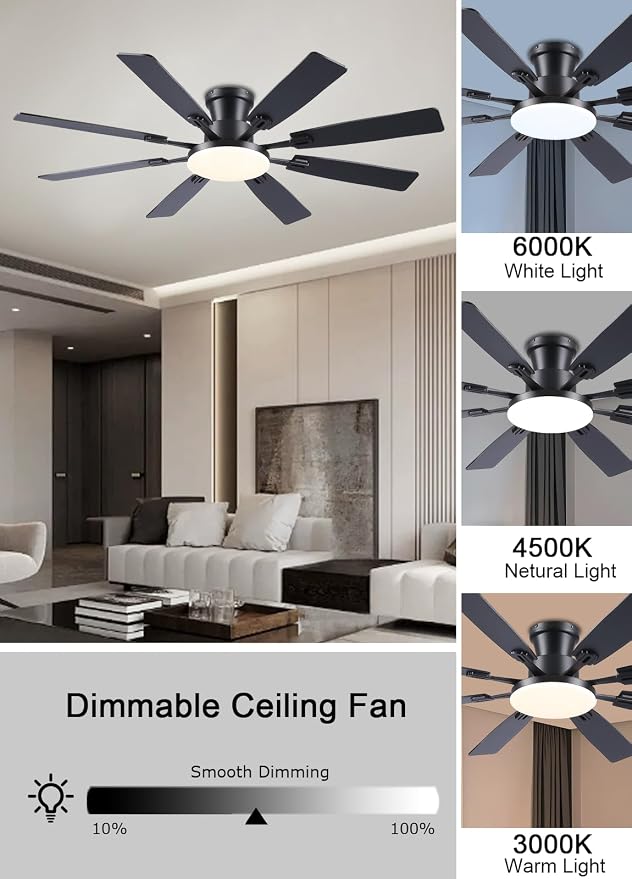 60Inch Ceiling Fan with Lights and Remotes, Large Low Profile Flush Mount Ceiling Fans,DC Reversible Motor, 3CCT