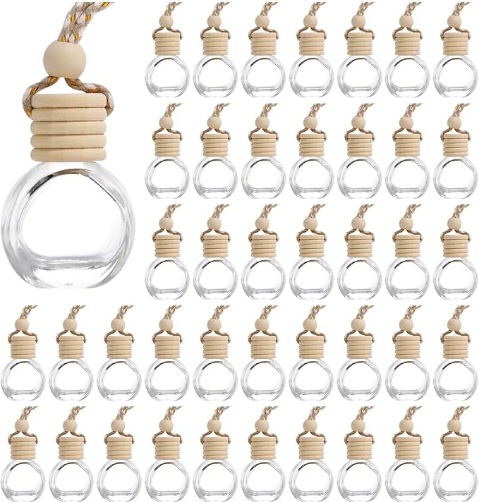 60Pcs Hanging Car Air Freshener Diffuser, 10ml Empty Glass Essential Pendant Bottles, product image