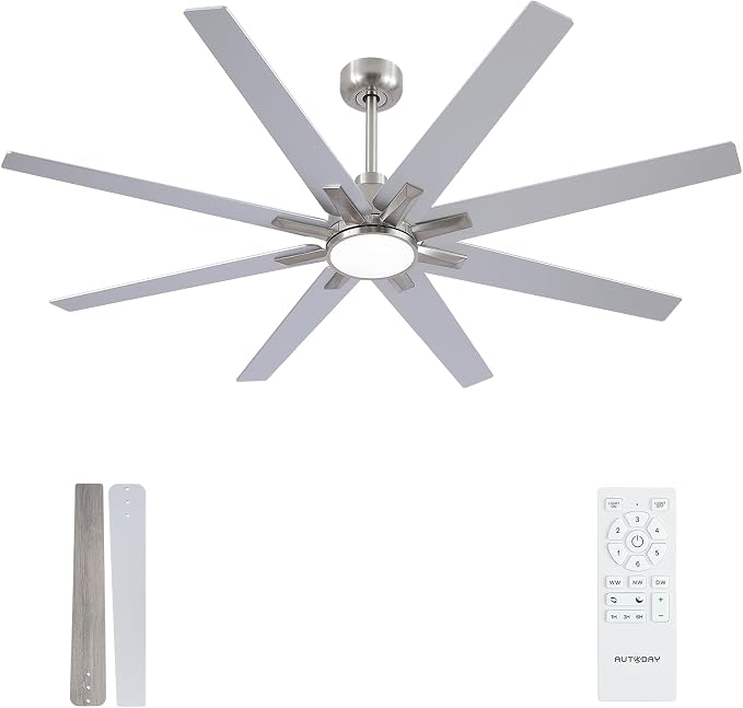 62 inch Brushed Nickel Ceiling Fan with Light & Remote, Indoor/Outdoor 8-Blade Fan, 6-Speed Silent Reversible DC Motor, 3CCT