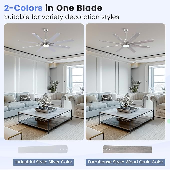 62 inch Brushed Nickel Ceiling Fan with Light & Remote, Indoor/Outdoor 8-Blade Fan, 6-Speed Silent Reversible DC Motor, 3CCT