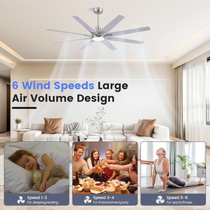 62 inch Brushed Nickel Ceiling Fan with Light & Remote, Indoor/Outdoor 8-Blade Fan, 6-Speed Silent Reversible DC Motor, 3CCT