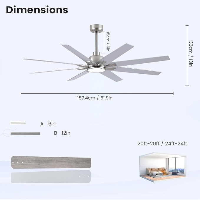 62 inch Brushed Nickel Ceiling Fan with Light & Remote, Indoor/Outdoor 8-Blade Fan, 6-Speed Silent Reversible DC Motor, 3CCT