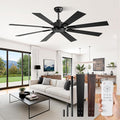 62 Inch Ceiling Fan No Light with Remote Control, 8 Blades Quiet DC Reversible Motor, 6-Speed, Timer, Black Finish, Indoor