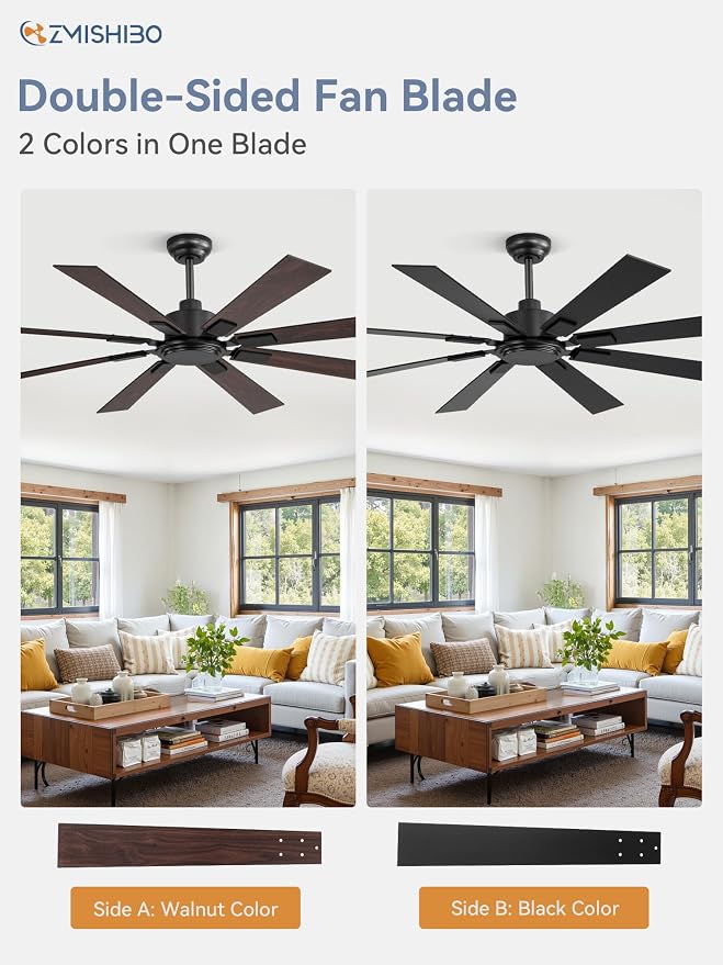 62 Inch Ceiling Fan No Light with Remote Control, 8 Blades Quiet DC Reversible Motor, 6-Speed, Timer, Black Finish, Indoor