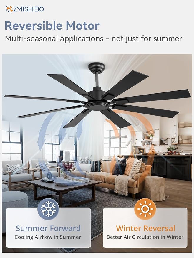 62 Inch Ceiling Fan No Light with Remote Control, 8 Blades Quiet DC Reversible Motor, 6-Speed, Timer, Black Finish, Indoor