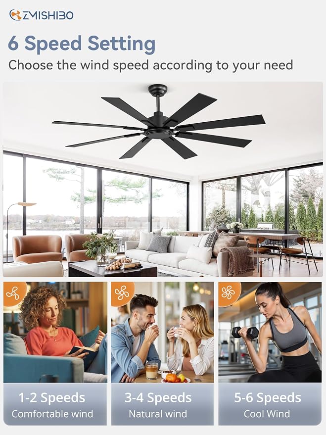 62 Inch Ceiling Fan No Light with Remote Control, 8 Blades Quiet DC Reversible Motor, 6-Speed, Timer, Black Finish, Indoor