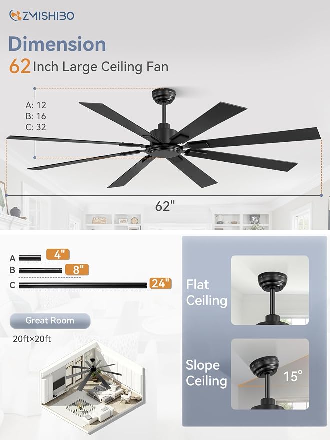 62 Inch Ceiling Fan No Light with Remote Control, 8 Blades Quiet DC Reversible Motor, 6-Speed, Timer, Black Finish, Indoor