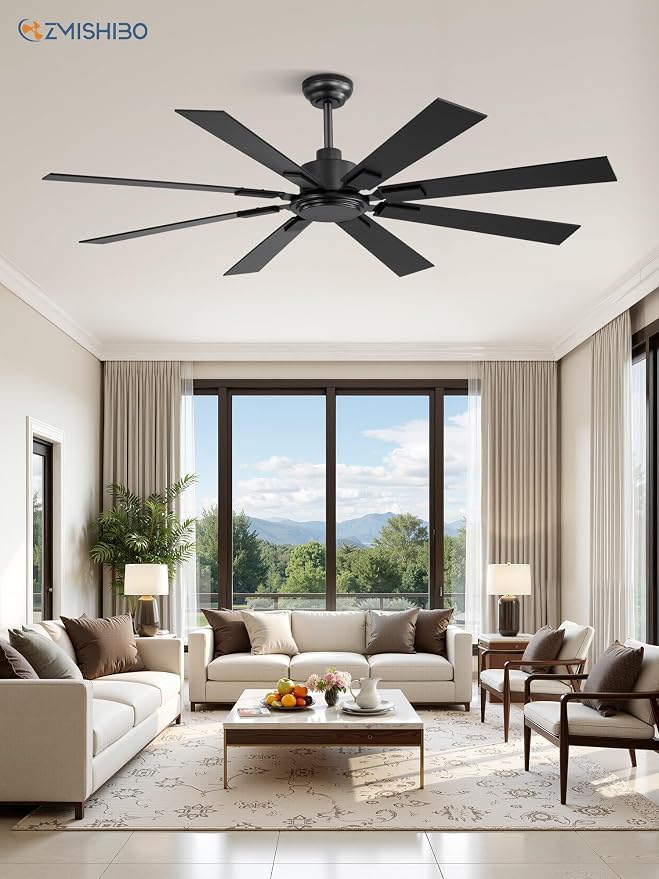 62 Inch Ceiling Fan No Light with Remote Control, 8 Blades Quiet DC Reversible Motor, 6-Speed, Timer, Black Finish, Indoor