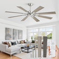 62 Inch Ceiling Fan No Light with Remote Control, 8 Blades Quiet DC Reversible Motor, 6-Speed, Timer, Brushed Nickel Finish