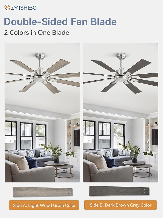 62 Inch Ceiling Fan No Light with Remote Control, 8 Blades Quiet DC Reversible Motor, 6-Speed, Timer, Brushed Nickel Finish