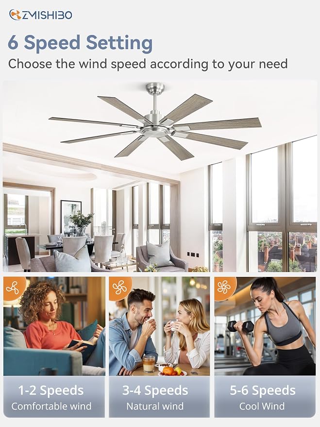 62 Inch Ceiling Fan No Light with Remote Control, 8 Blades Quiet DC Reversible Motor, 6-Speed, Timer, Brushed Nickel Finish