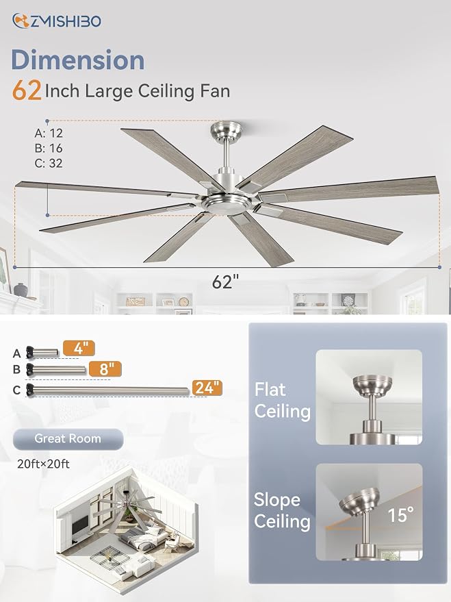 62 Inch Ceiling Fan No Light with Remote Control, 8 Blades Quiet DC Reversible Motor, 6-Speed, Timer, Brushed Nickel Finish