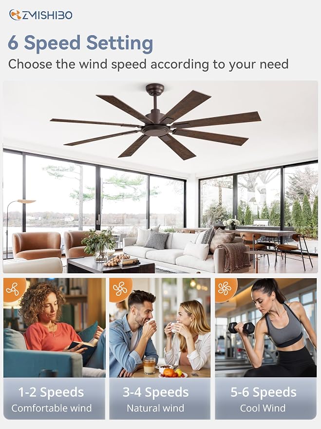 62 Inch Ceiling Fan No Light with Remote Control, 8 Blades Quiet DC Reversible Motor, 6-Speed, Timer, Oil Rubbed Bronze