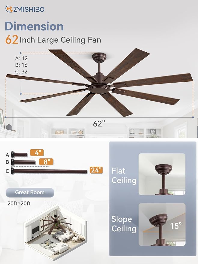 62 Inch Ceiling Fan No Light with Remote Control, 8 Blades Quiet DC Reversible Motor, 6-Speed, Timer, Oil Rubbed Bronze
