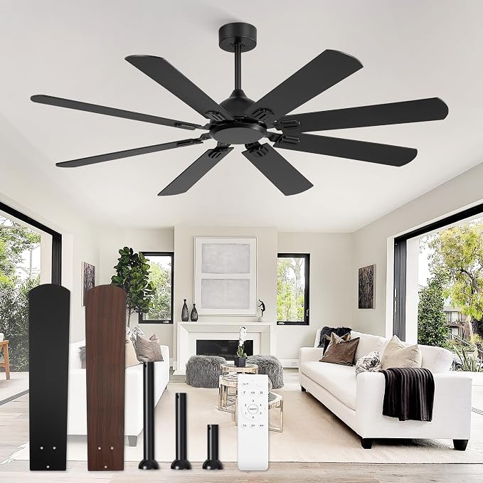 62 Inch Ceiling Fans No Light with Remote, Modern Ceiling Fan Without Light, Dual Finish 8 Blades, Reversible Quiet DC Motor