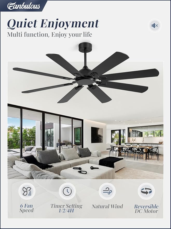 62 Inch Ceiling Fans No Light with Remote, Modern Ceiling Fan Without Light, Dual Finish 8 Blades, Reversible Quiet DC Motor