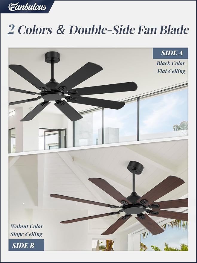 62 Inch Ceiling Fans No Light with Remote, Modern Ceiling Fan Without Light, Dual Finish 8 Blades, Reversible Quiet DC Motor
