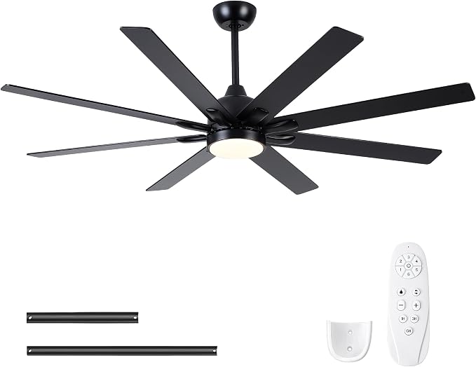 62 Inch Ceiling Fans with Lights and Remote, Black Large Ceiling Fan for Bedroom Living Room Indoor/Outdoor, 8 Blades, Quiet