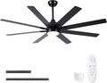 62 Inch Ceiling Fans with Lights and Remote, Black Large Ceiling Fan for Bedroom Living Room Indoor/Outdoor, 8 Blades, Quiet