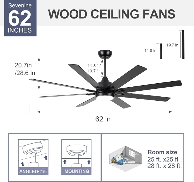 62 Inch Ceiling Fans with Lights and Remote, Black Large Ceiling Fan for Bedroom Living Room Indoor/Outdoor, 8 Blades, Quiet