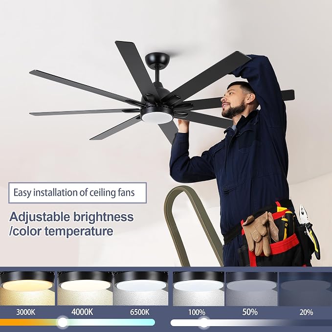 62 Inch Ceiling Fans with Lights and Remote, Black Large Ceiling Fan for Bedroom Living Room Indoor/Outdoor, 8 Blades, Quiet