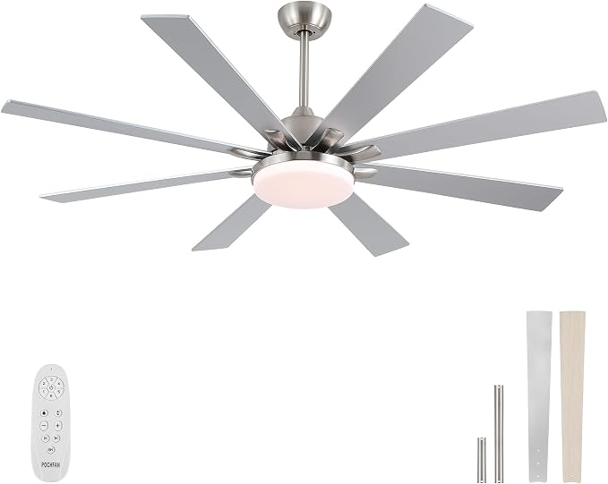 62 Inch Ceiling Fans with Lights,Large Modern Ceiling fan with Remote and 8 Wooden Blades,Dimmable,6 Speeds,Noiseless