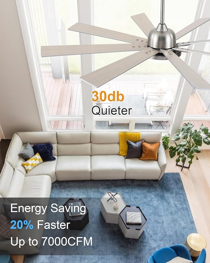62 Inch Ceiling Fans with Lights,Large Modern Ceiling fan with Remote and 8 Wooden Blades,Dimmable,6 Speeds,Noiseless